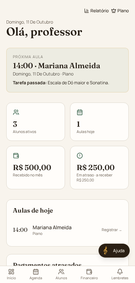 MaestroDesk no celular do professor: próxima aula, alunos e mensalidades